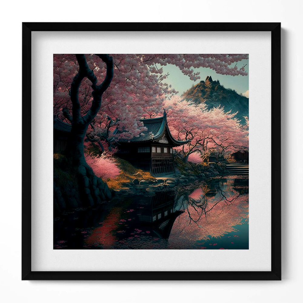 Keretezett falikép Tavaszi virágzás japán ház tó tükröződése