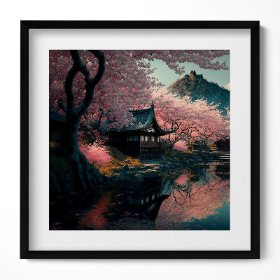 Keretezett falikép Tavaszi virágzás japán ház tó tükröződése