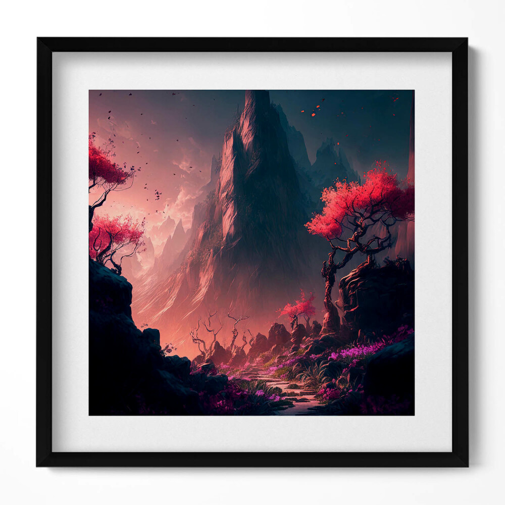 Keretezett falikép Hegyek virágzó fák misztikus táj