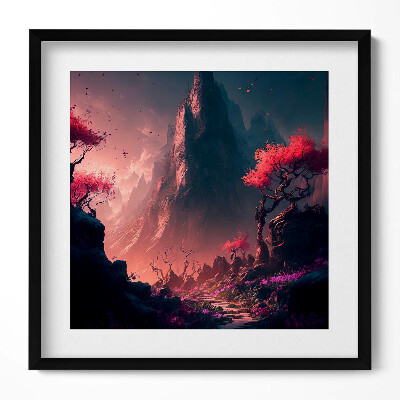 Keretezett falikép Hegyek virágzó fák misztikus táj