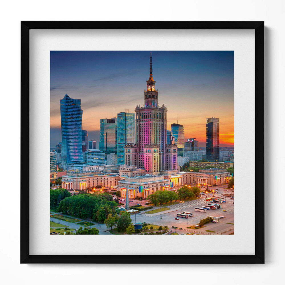 Keretezett falikép Varsói felhőkarcolók naplementében