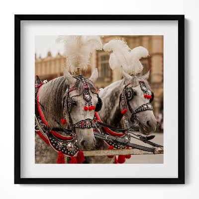 Keretezett falikép Két díszes ló vörös pomponokkal