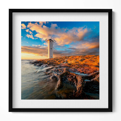 Keretezett falikép Tengerparti világítótorony naplementében