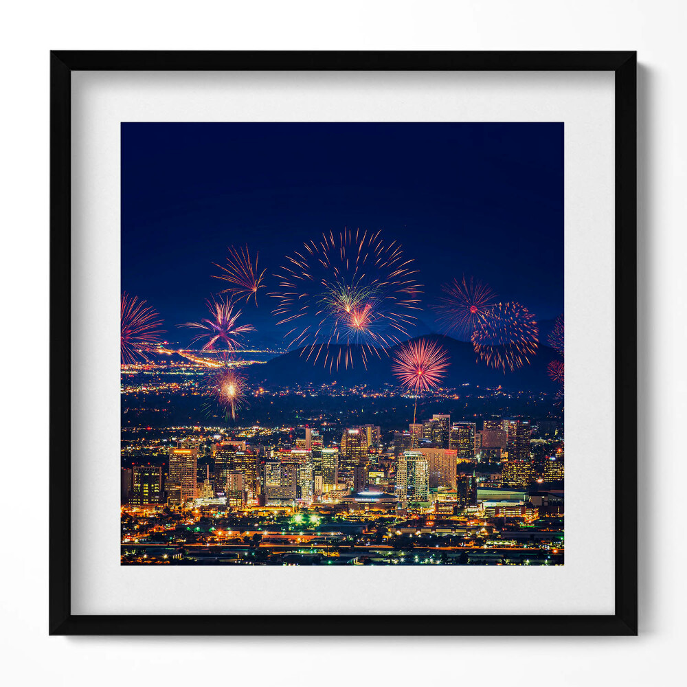 Keretezett falikép Tűzijáték városi háttérrel