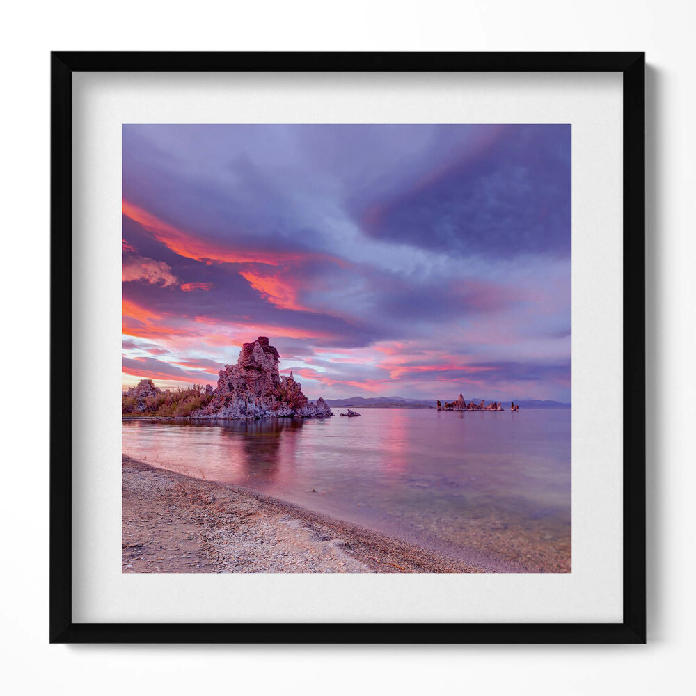 Keretezett falikép Tóparti szikla naplemente színei