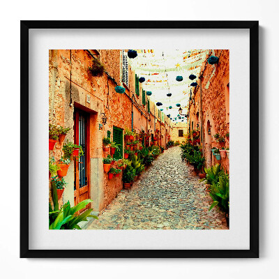 Keretezett falikép Színes virágos utcácska