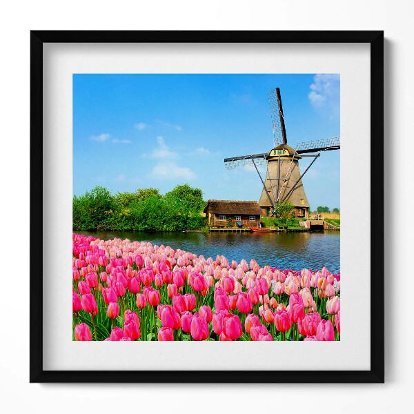 Keretezett falikép Tavaszi virágok és szélmalom