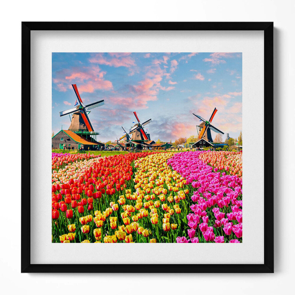Keretezett falikép Szélmalmok és virágos mezők