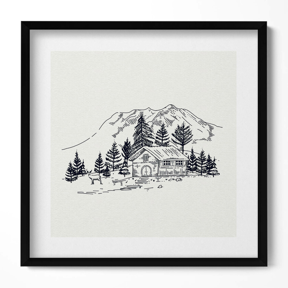 Keretezett falikép Hegyek erdő ház állatok