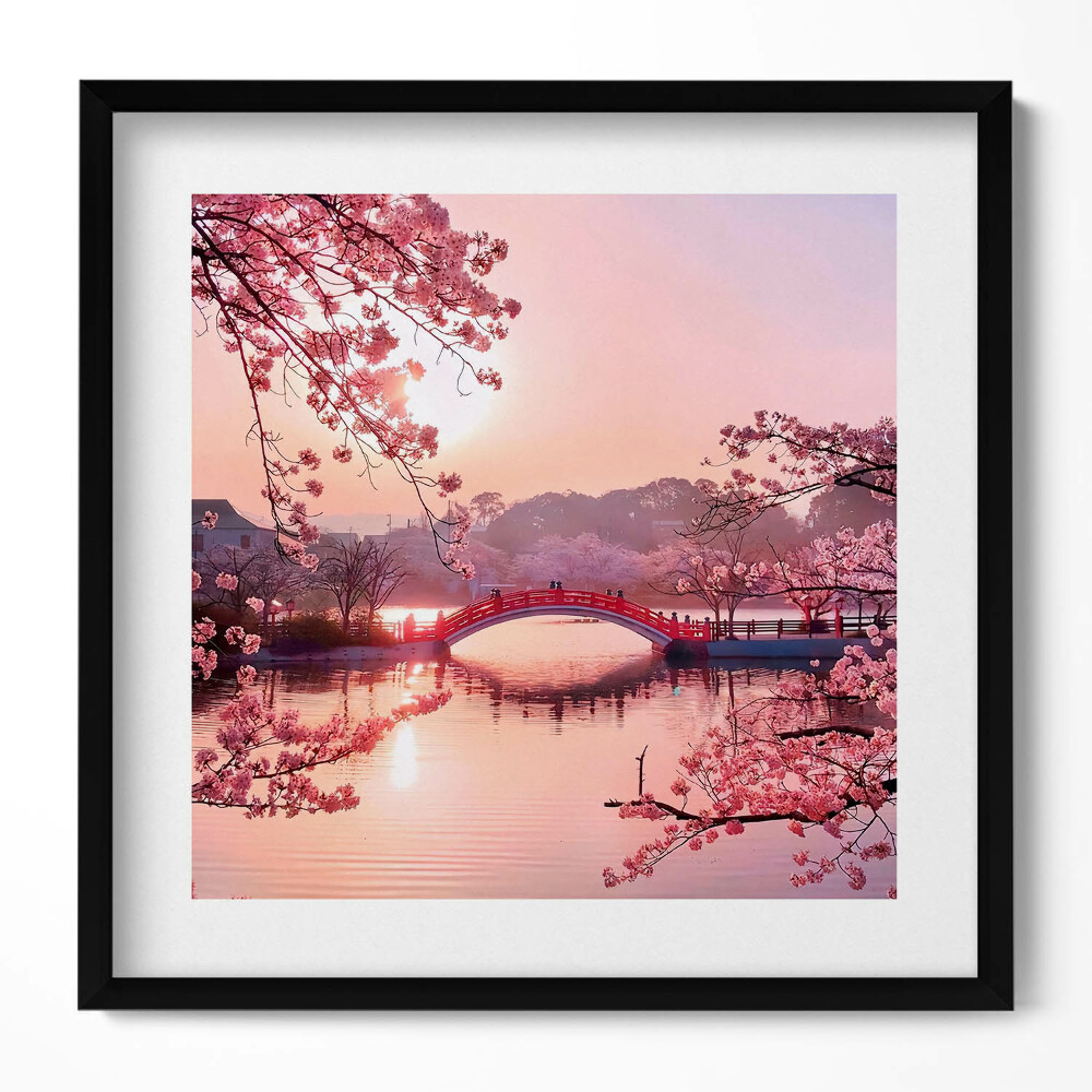 Keretezett falikép Virágzó cseresznye híd tó