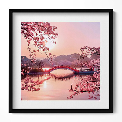 Keretezett falikép Virágzó cseresznye híd tó