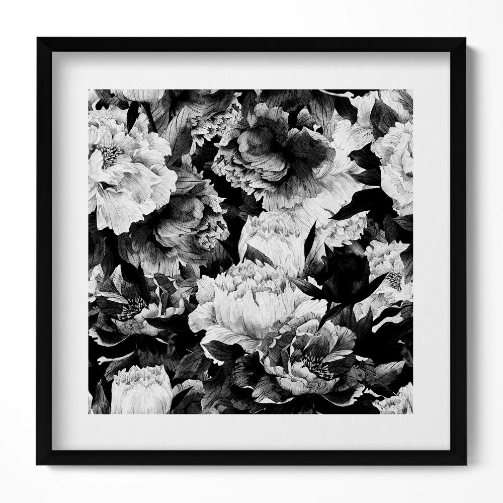 Keretezett falikép Fekete-fehér virágmintázat