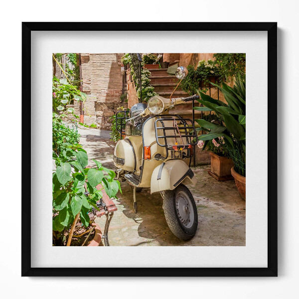 Keretezett falikép Vespa robogó egy virágos udvarban