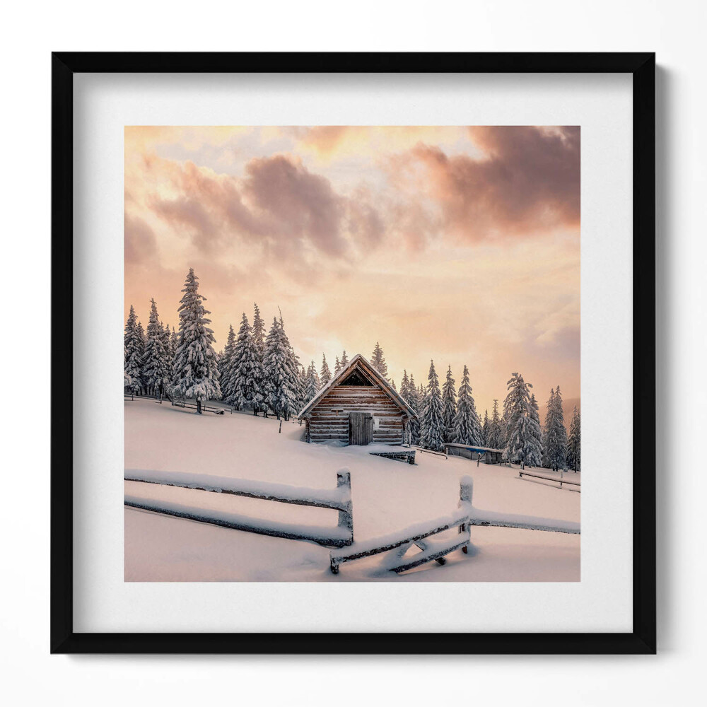 Keretezett falikép Téli táj hóval borított ház