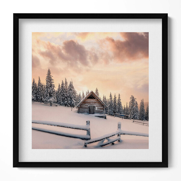 Keretezett falikép Téli táj hóval borított ház