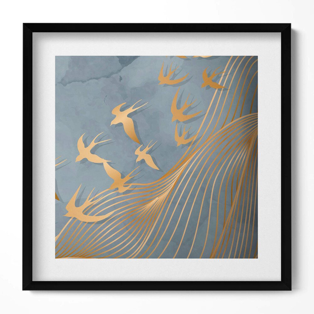 Keretezett falikép Arany madarak hullámzó háttéren