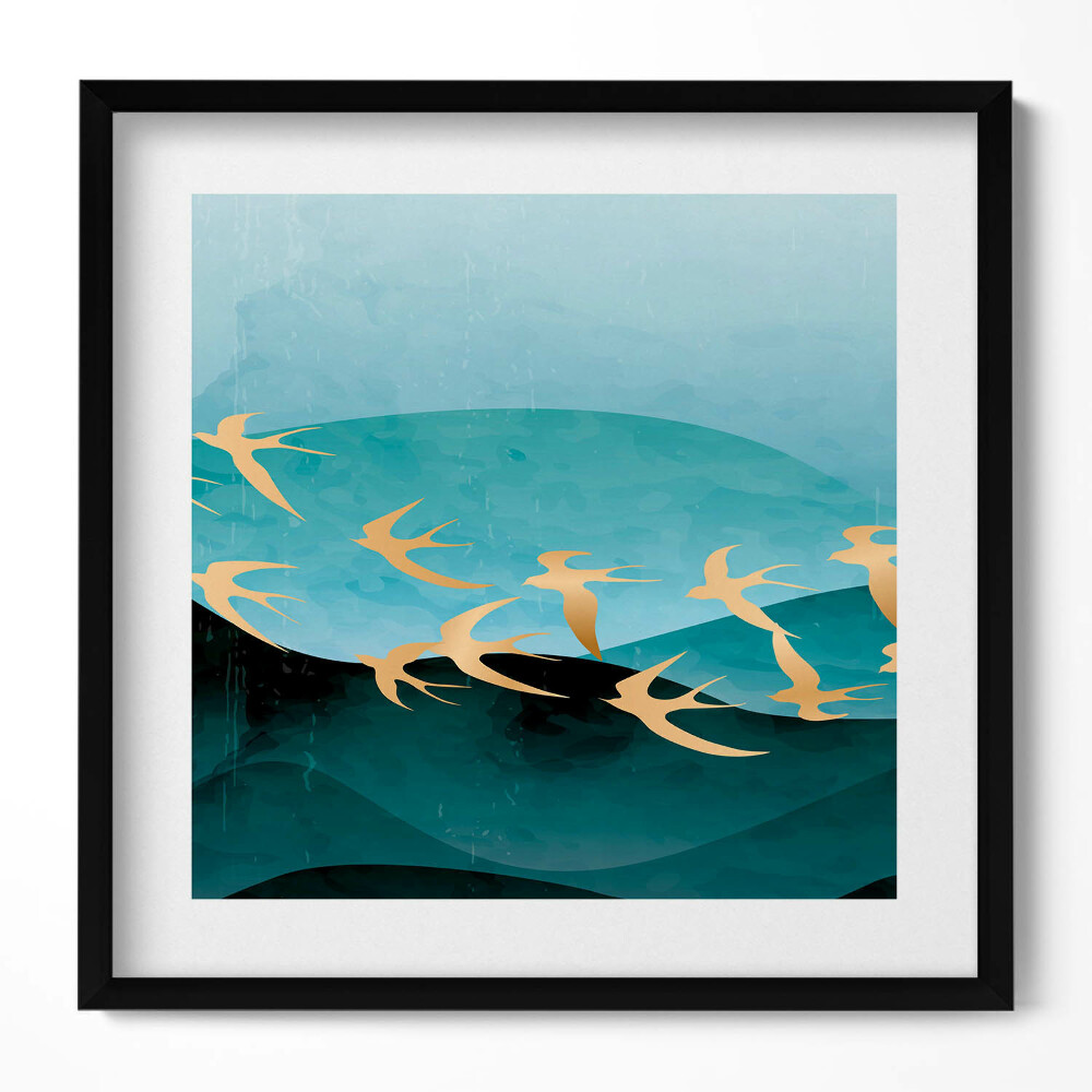 Keretezett falikép Absztrakt vízi táj aranymadarak
