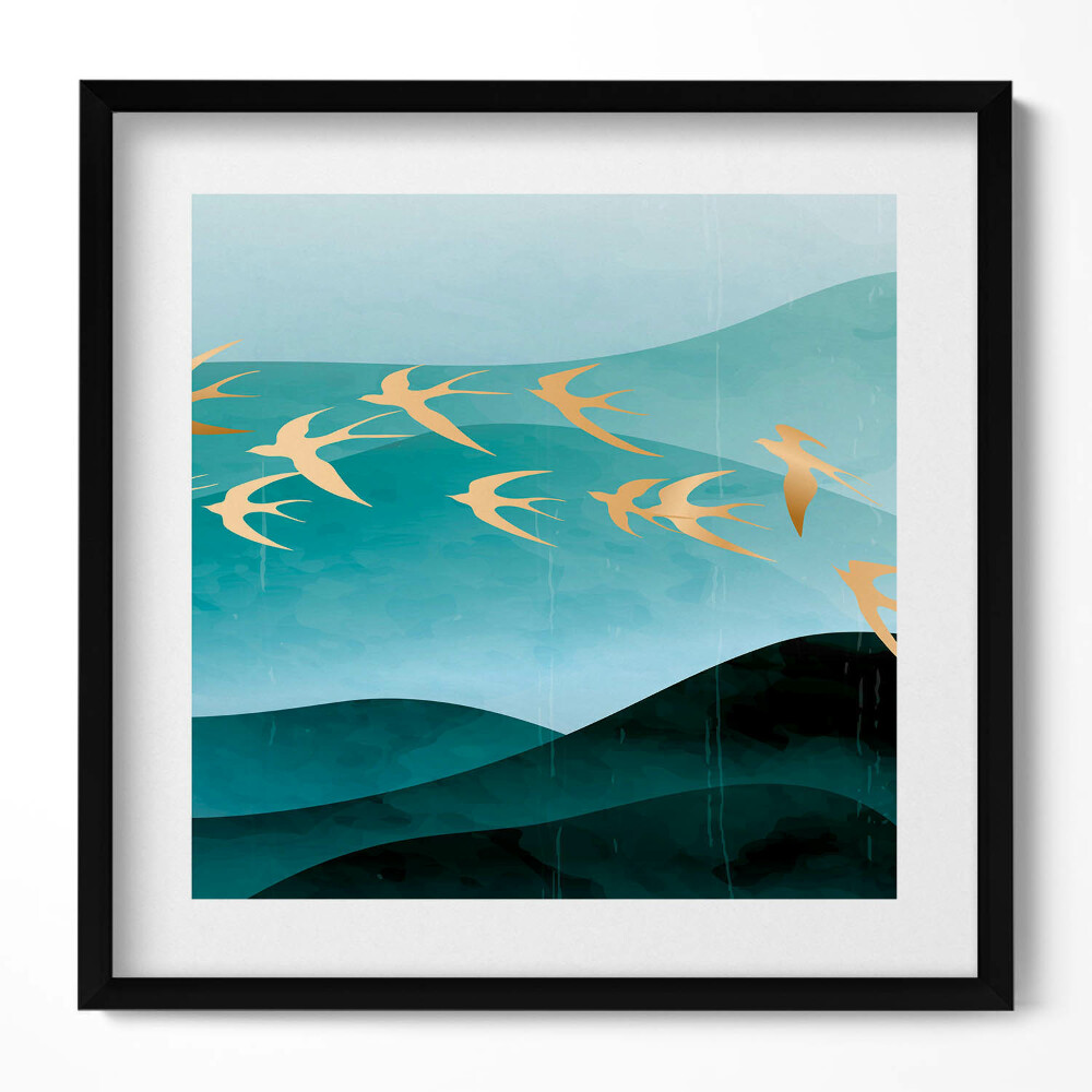 Keretezett falikép Absztrakt táj arany madarak