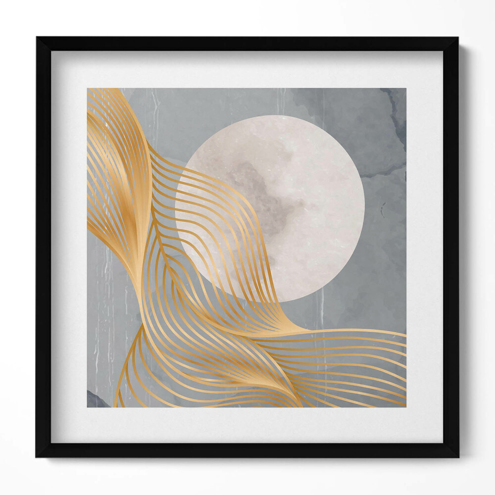 Keretezett falikép Absztrakt arany hullámok és világos hold