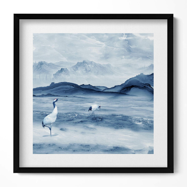 Keretezett falikép Tó darvak hegyek naplemente