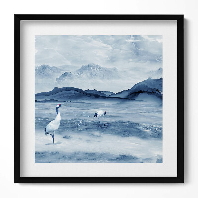 Keretezett falikép Tó darvak hegyek naplemente