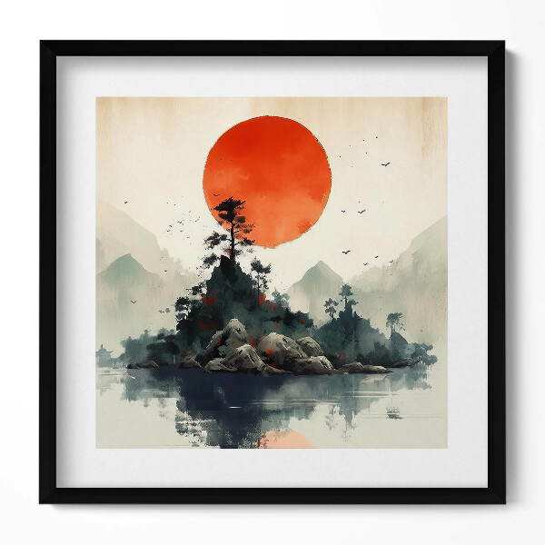 Keretezett falikép Naplemente hegyekkel és tükörképpel