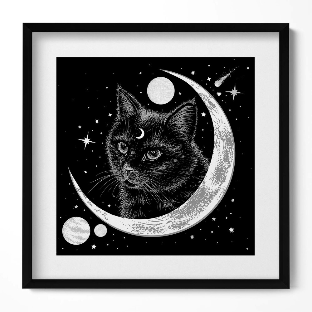 Keretezett falikép Fekete macska hold és csillagok