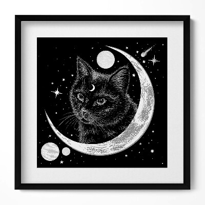 Keretezett falikép Fekete macska hold és csillagok