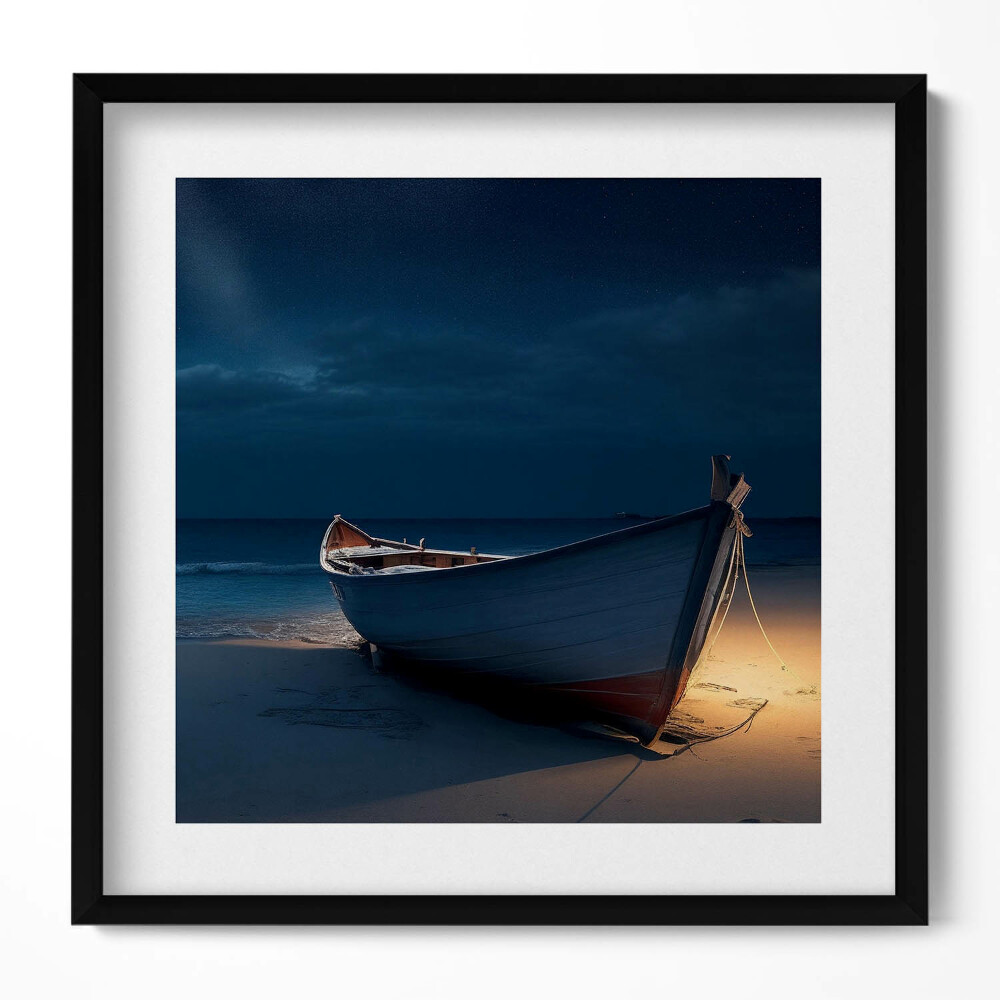 Keretezett falikép Hajó a tengerparton éjszaka