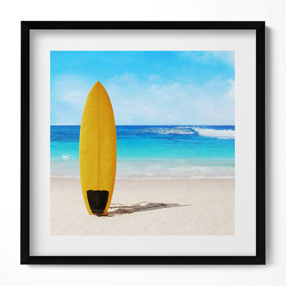 Keretezett falikép Sárga szörfdeszka a tengerparton
