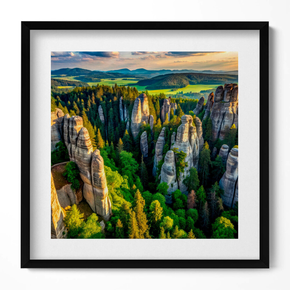 Keretezett falikép Sziklás táj zöld erdővel