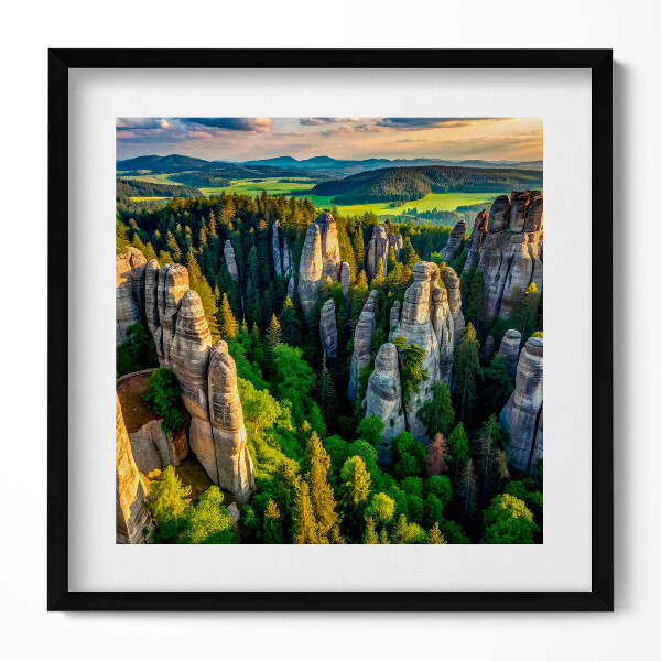 Keretezett falikép Sziklás táj zöld erdővel