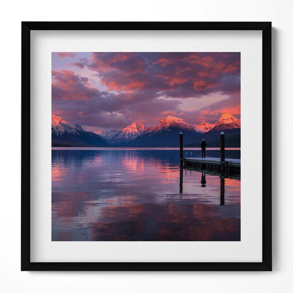 Keretezett falikép Tóparti hegyek naplementében