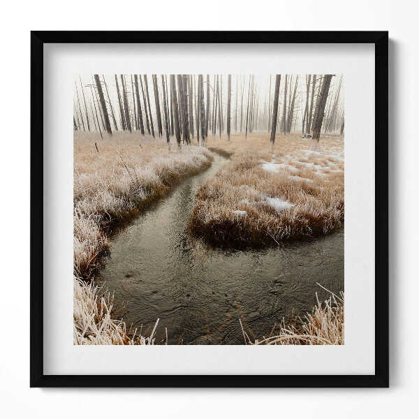 Keretezett falikép Fagyos táj vízfolyás fák