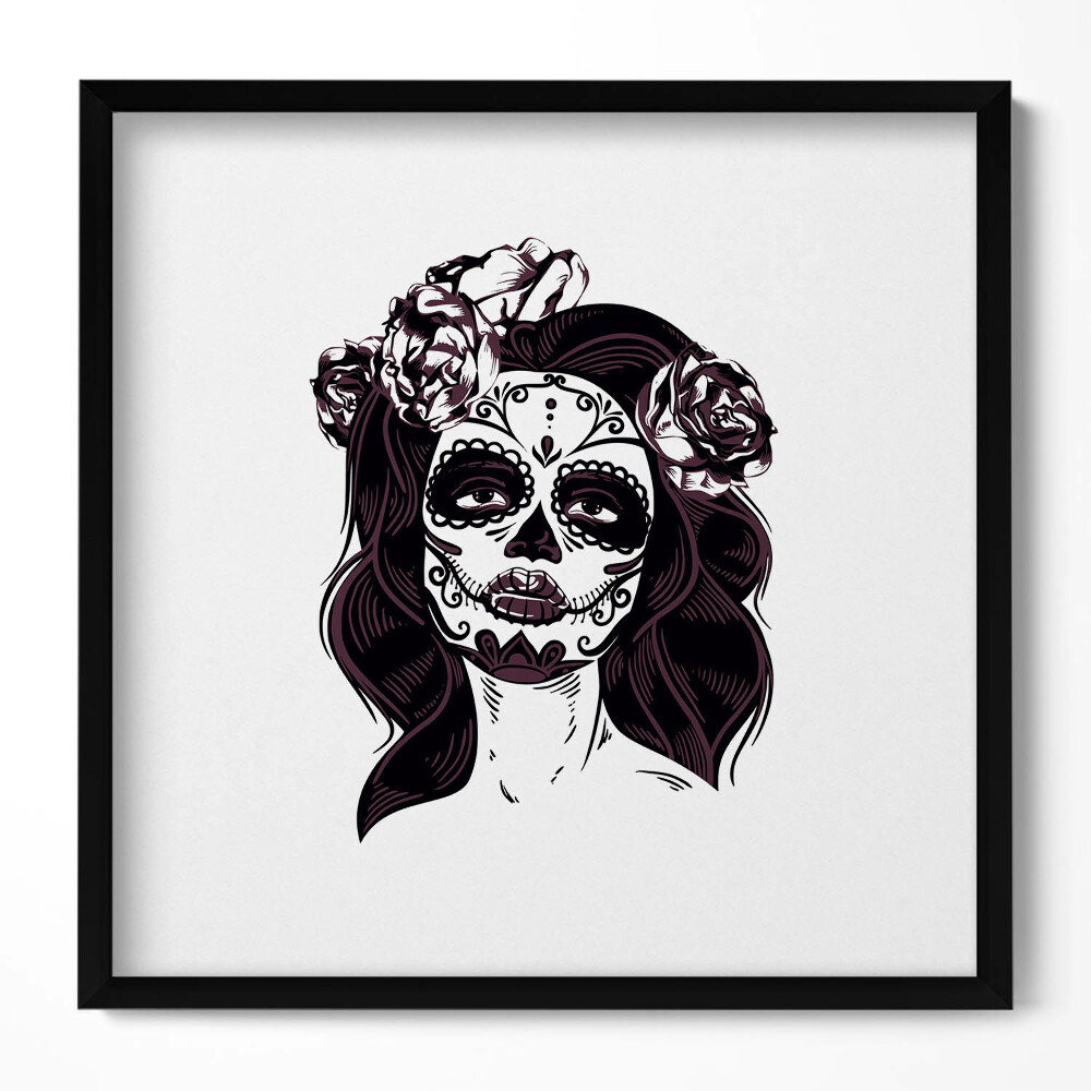 Keretezett falikép Cukros koponya virágokkal díszítve