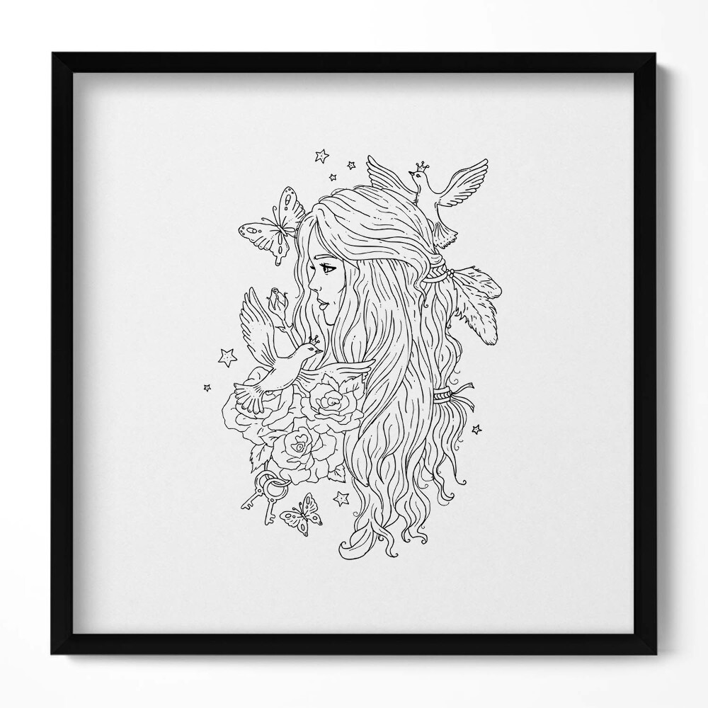 Keretezett falikép Virágok pillangók női alak