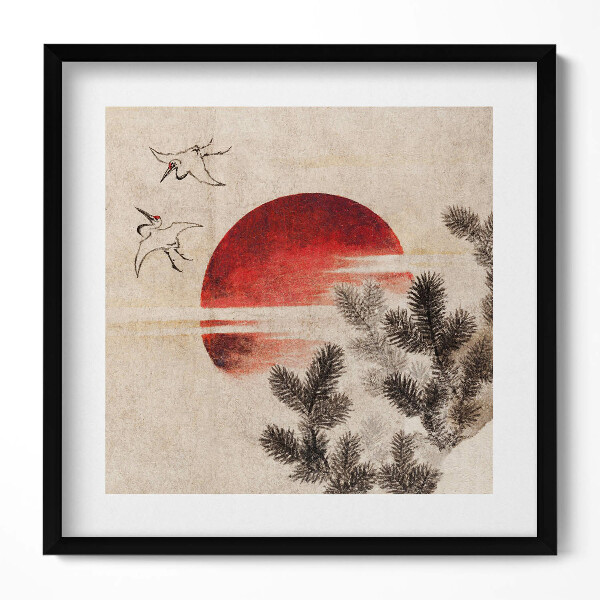 Keretezett falikép Naplemente gólyák fenyőág