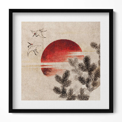 Keretezett falikép Naplemente gólyák fenyőág