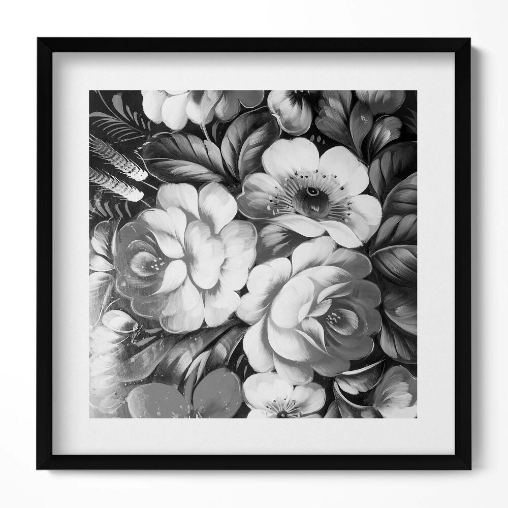 Keretezett falikép Fekete-fehér virágmotívum