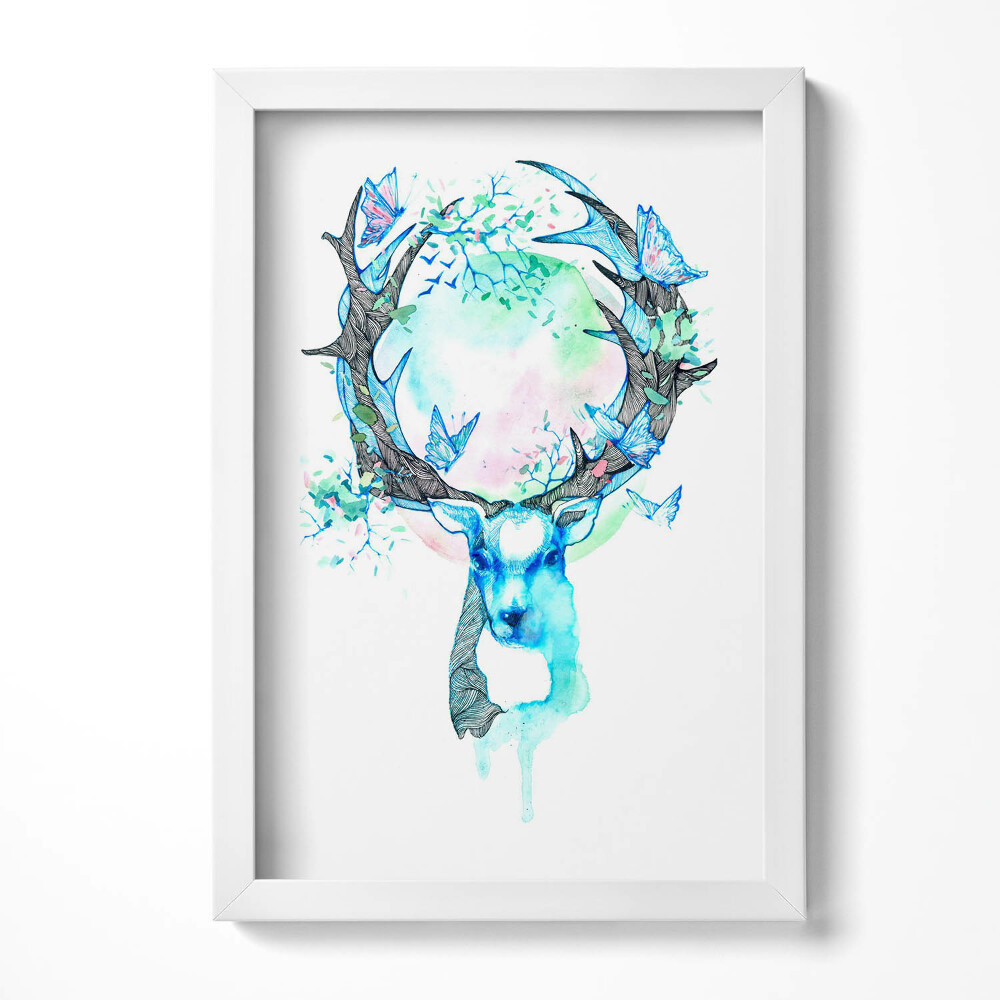Keretezett kép Szarvas fej virágokkal és pillangókkal