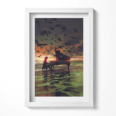 Keretezett kép Zongorázó személy madarak naplemente