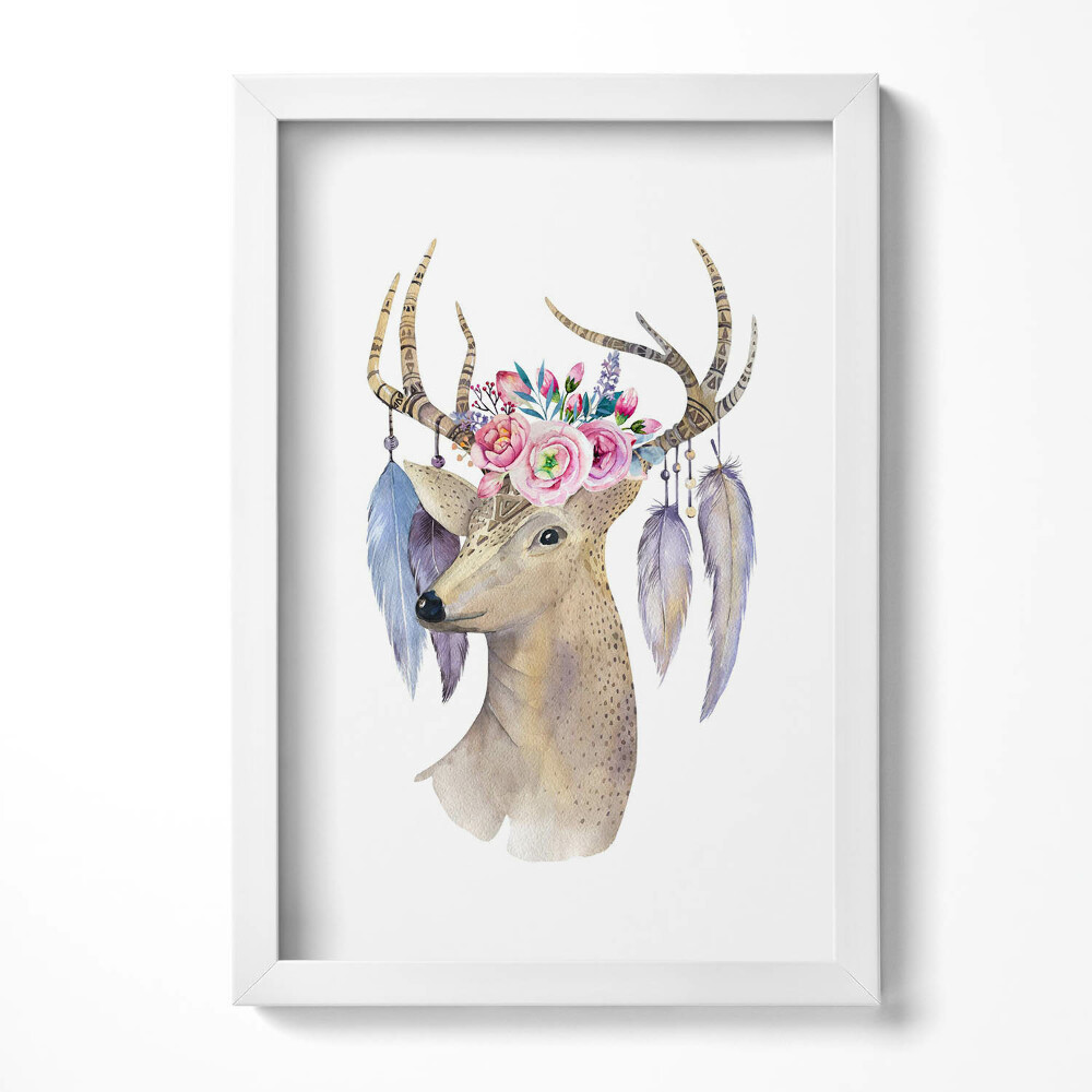 Keretezett kép Szarvas virágkoszorúval és tollakkal