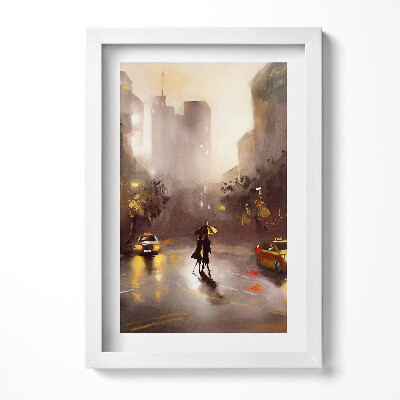 Keretezett kép Esős városi táj ernyő alatt sétáló pár