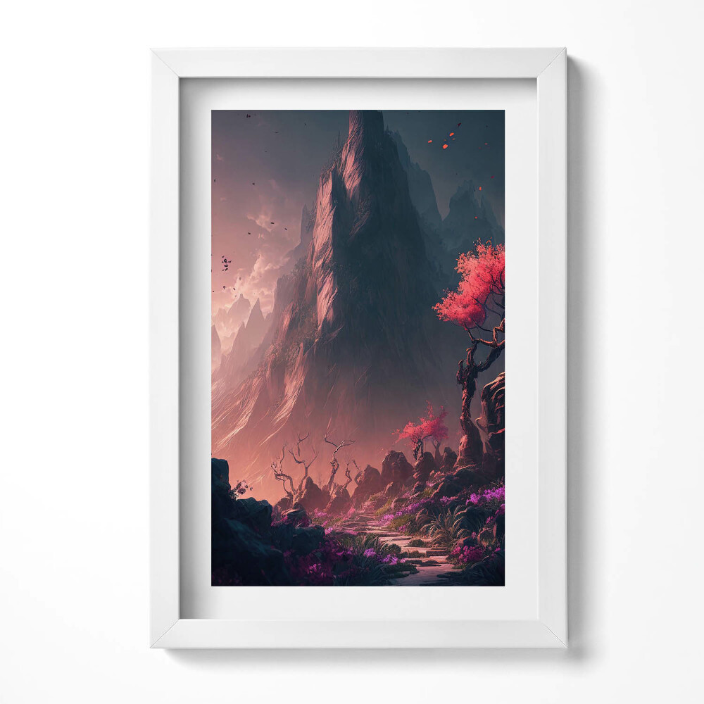 Keretezett kép Hegyek virágzó fák misztikus táj