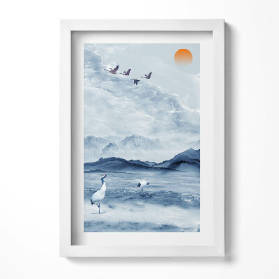 Keretezett kép Tó darvak hegyek naplemente