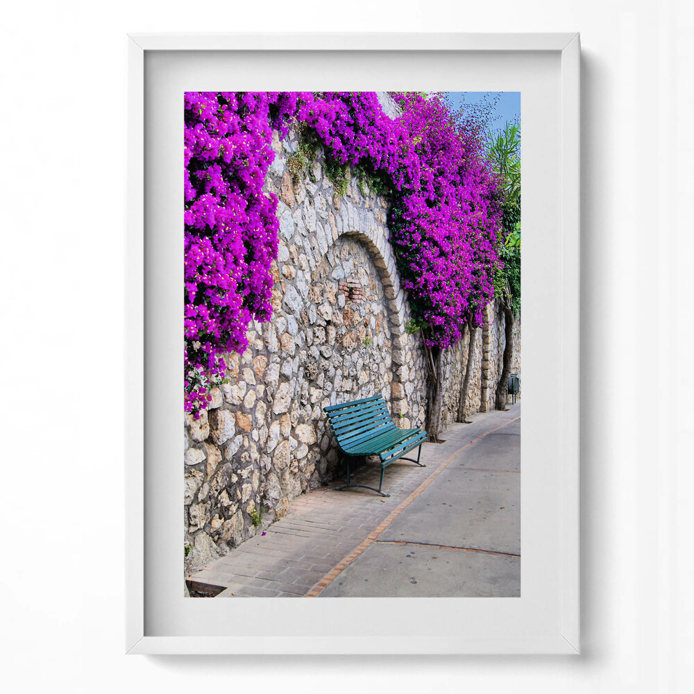 Függőleges kép keretben Virágzó fal zöld pad