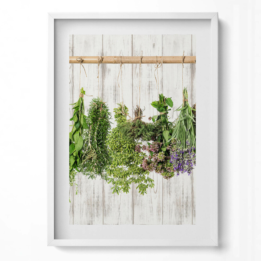 Függőleges kép keretben Friss fűszernövények lógatva