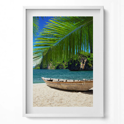 Függőleges kép keretben Tengerparti táj csónak pálmafák