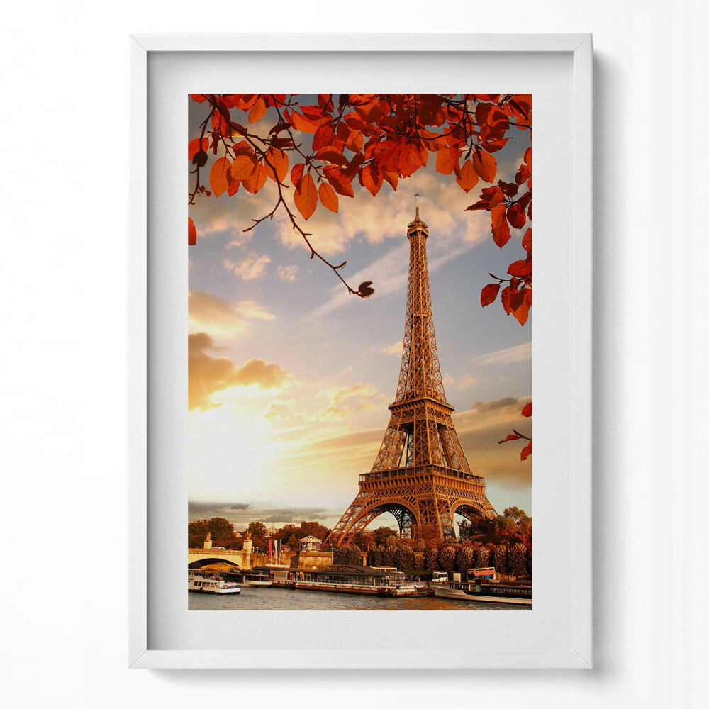Függőleges kép keretben Párizsi Eiffel-torony őszi falevelekkel