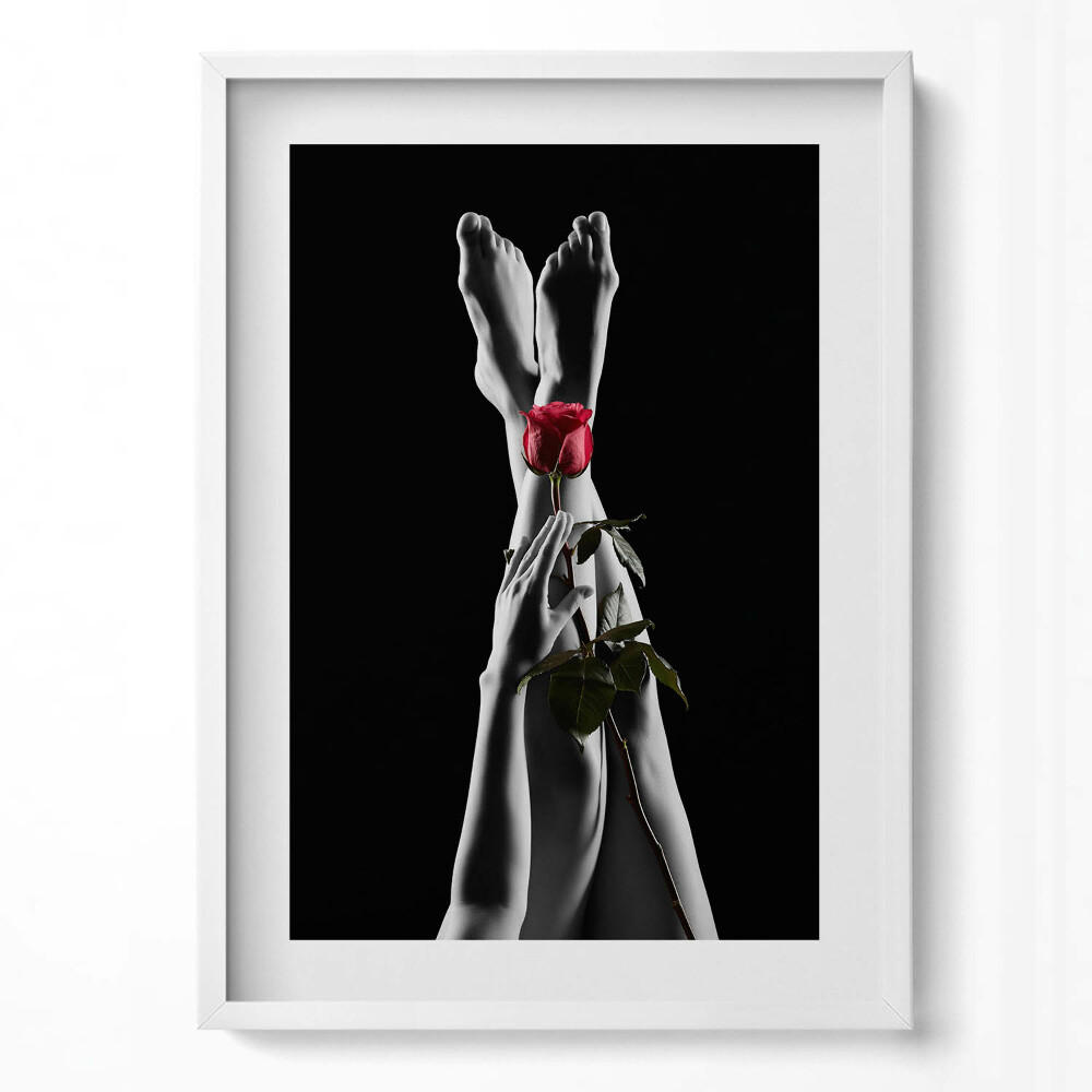 Függőleges kép keretben Fekete-fehér lábak piros rózsa